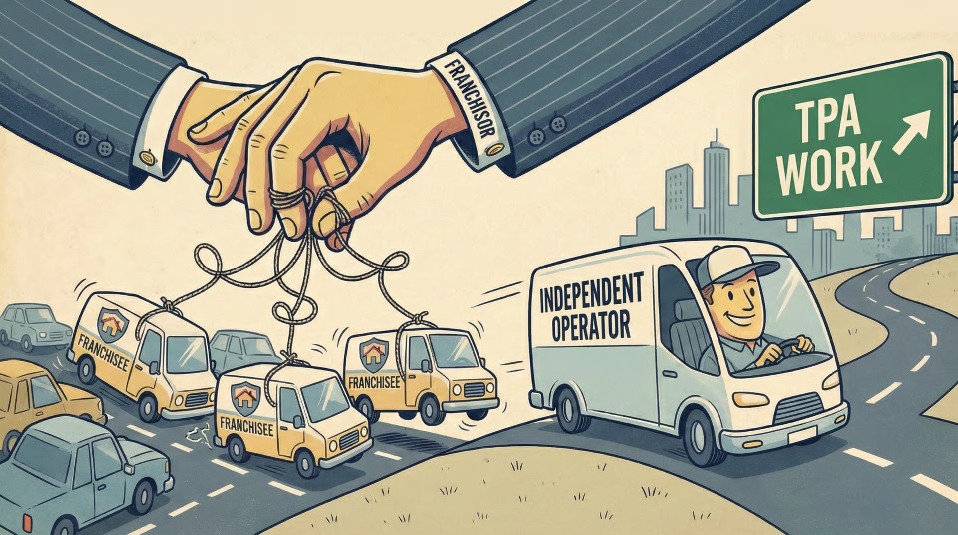 Illustration of a franchisor's hand holding franchisee vans on strings while an independent operator drives freely toward TPA work