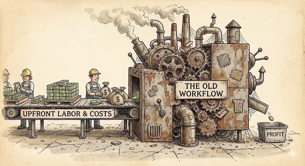 Illustration of a rusted, overcomplicated old workflow machine consuming upfront labor and costs while barely producing profit