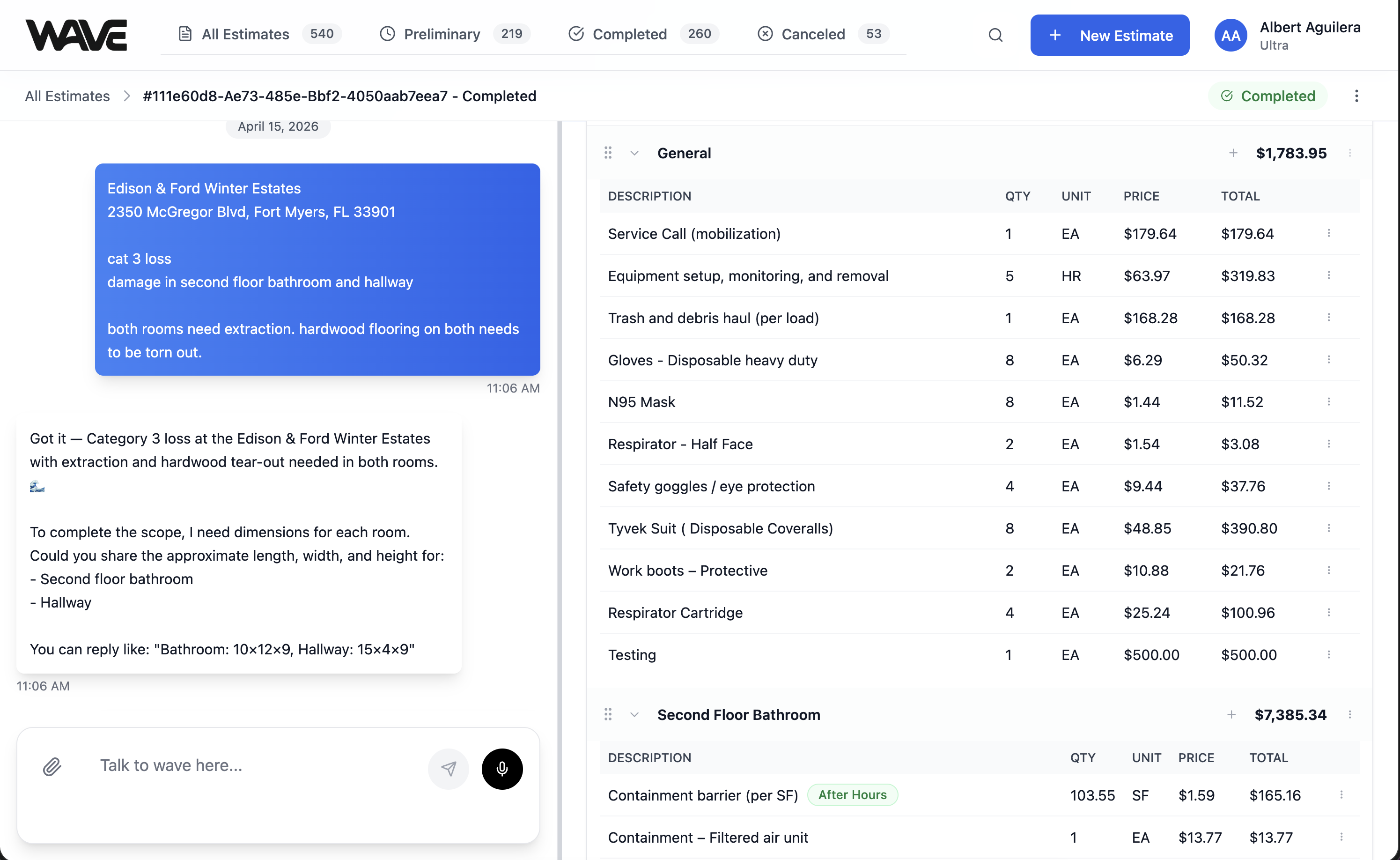 Wave AI estimate producing a carrier-compliant priced estimate directly, replacing the Encircle-to-Xactimate handoff