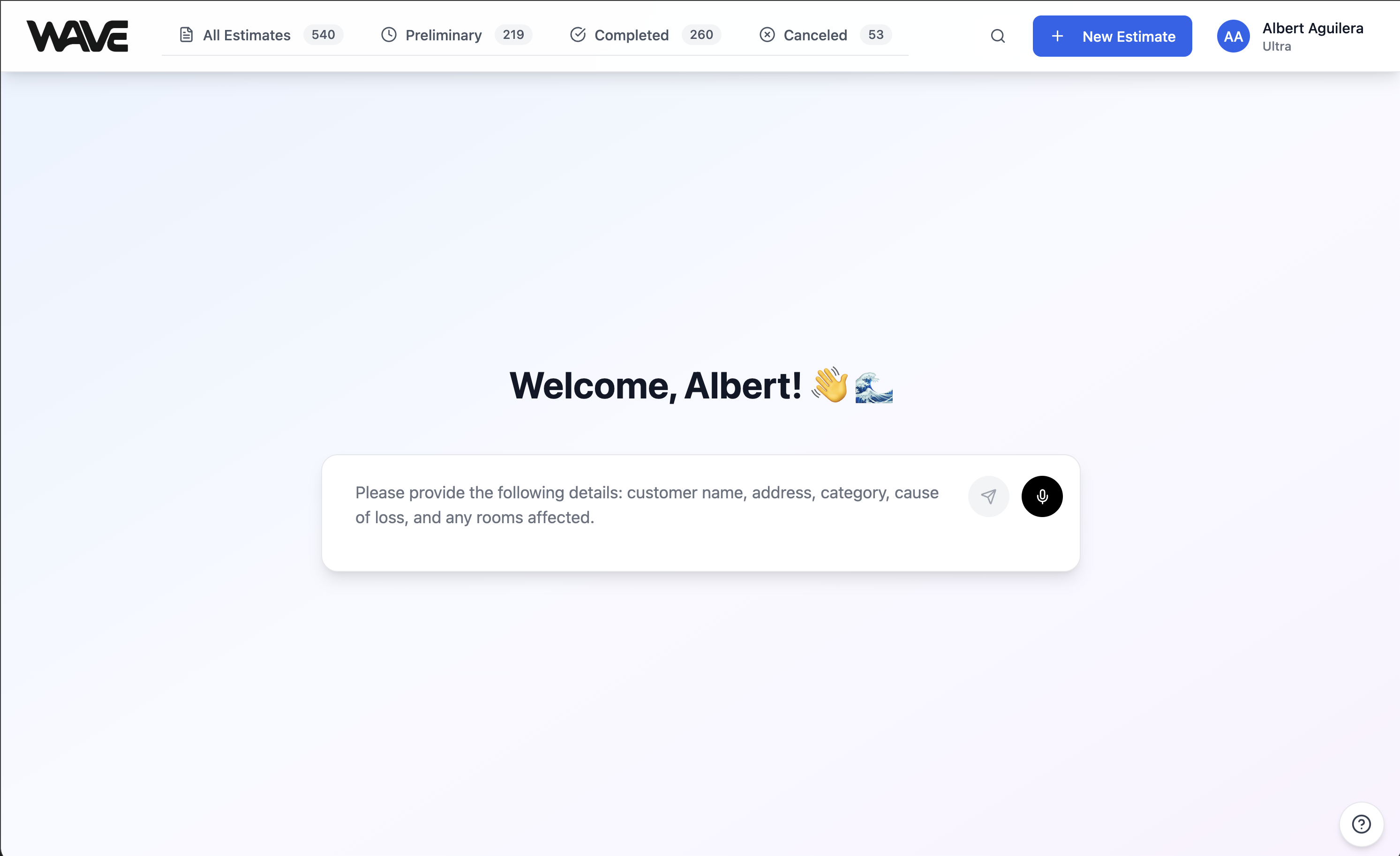 Wave AI restoration estimating software welcome screen with voice-first chat intake, no Xactimate seat required